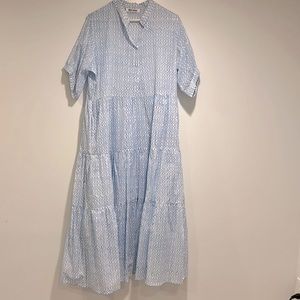 NWOT. Linen tiered maxi dress in blue and white block print